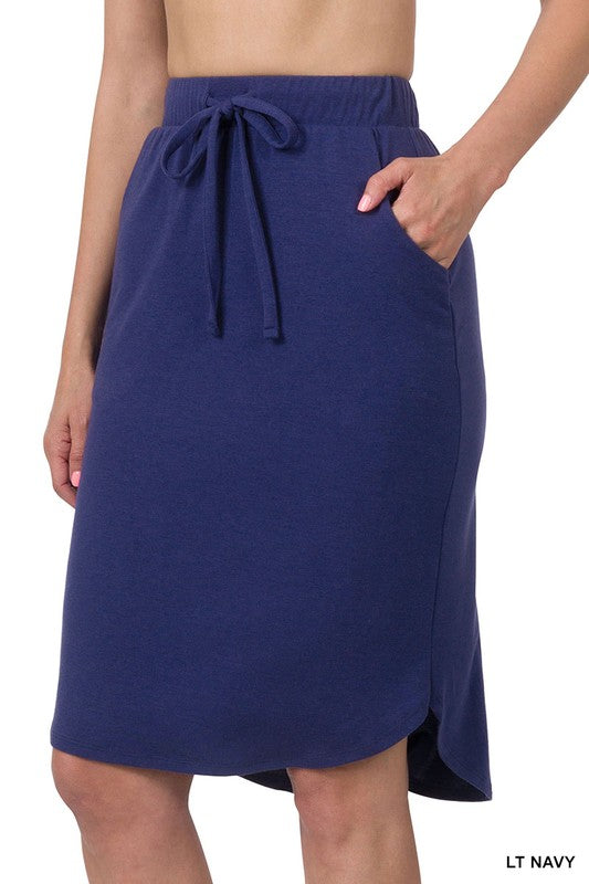 Plus Size Zenana Elastic Waist Self Tie Tulip Hem Skirt in Navy Blue 2x