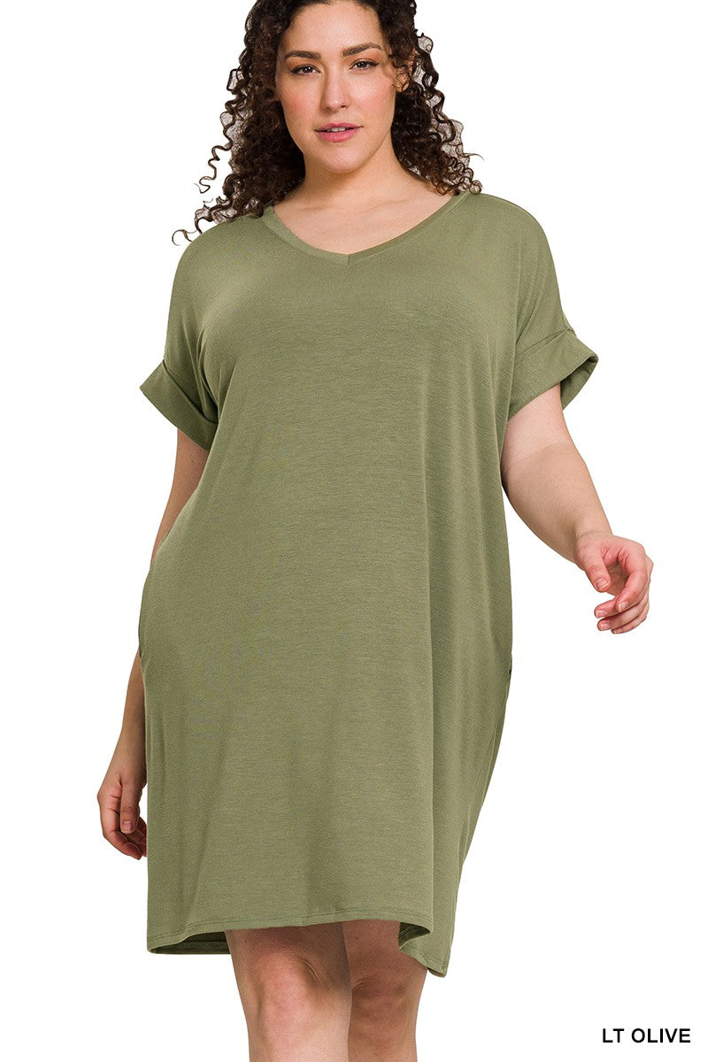 Plus Rolled V Neck T Shirt Dress in Olive