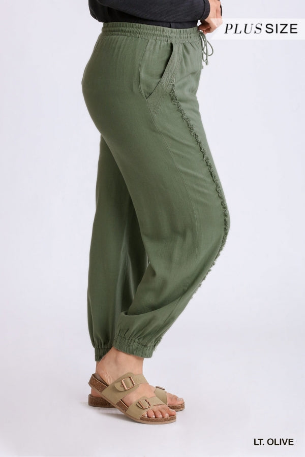 Linen-blend Joggers - Khaki green - Ladies