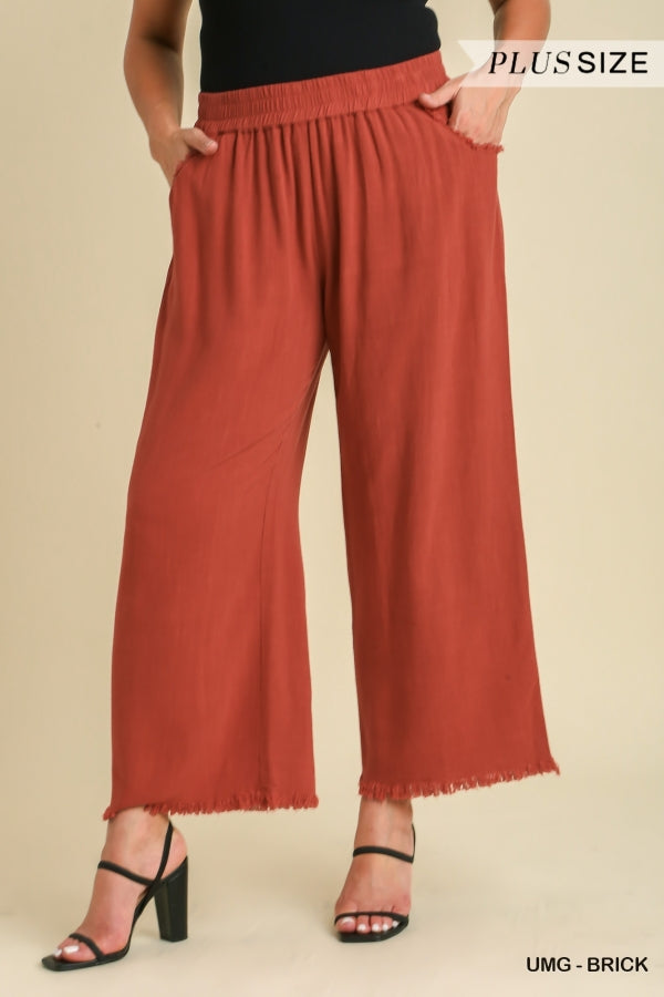 Plus Size linen blend frayed bottom pants with pockets in clay – Esme and  Elodie