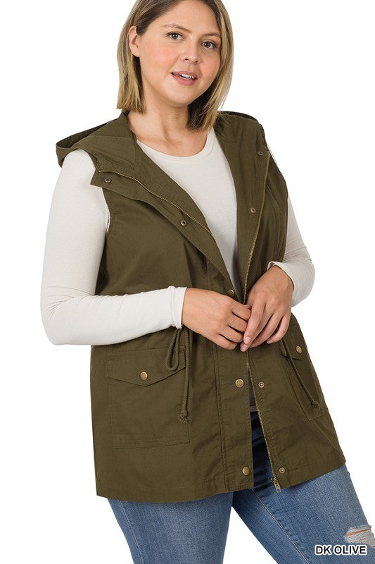 PLUS DRAWSTRING WAIST MILITARY HOODIE VEST IN OLIVE