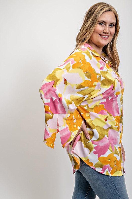 Plus Size Dolman Sleeve Button Down Shirt in Pink Floral