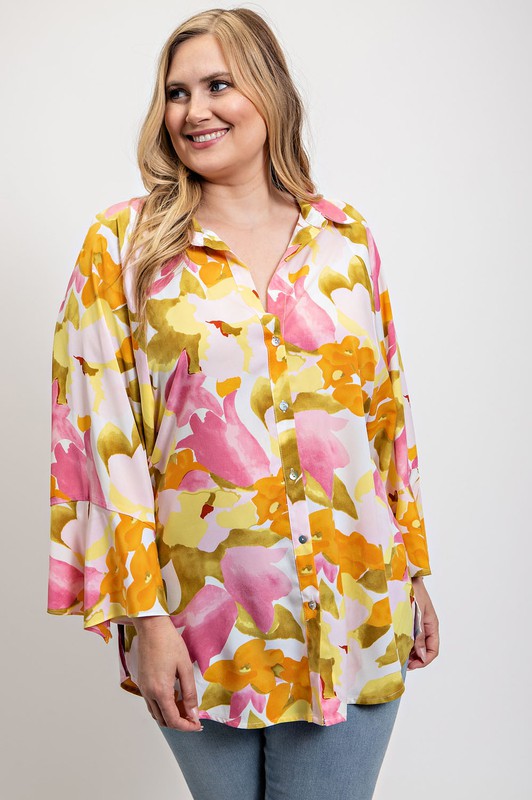 Plus Size Dolman Sleeve Button Down Shirt in Pink Floral