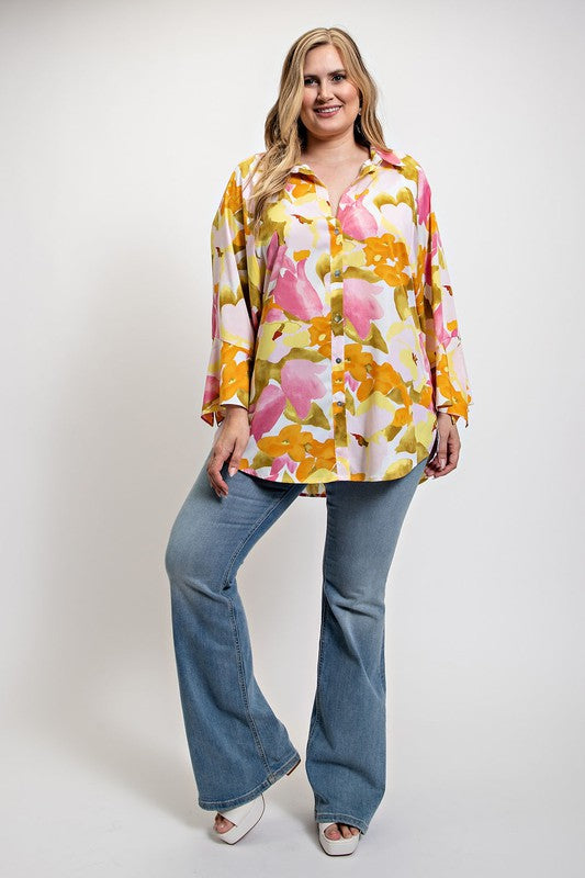 Plus Size Dolman Sleeve Button Down Shirt in Pink Floral