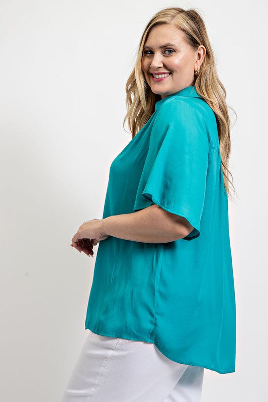 Collared Short Sleeve Button Down Loose Fit Blouse