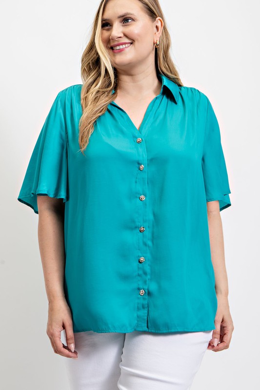 Collared Short Sleeve Button Down Loose Fit Blouse