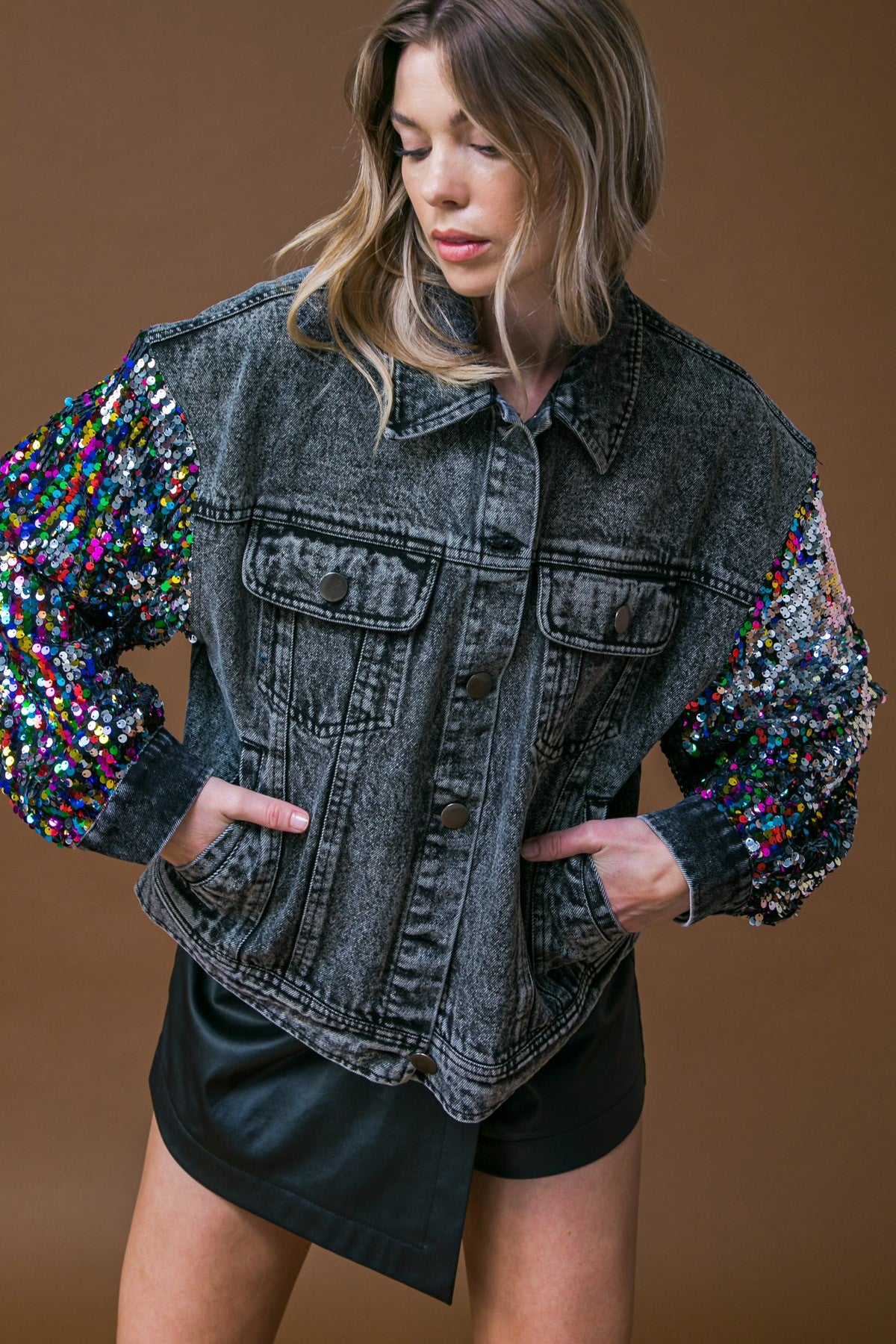 Women s Sequin Sleeve Washed Denim Jacket in Black