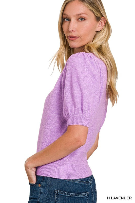 Womens melange puff sleeve short sleeve round neck sweater in lavendar