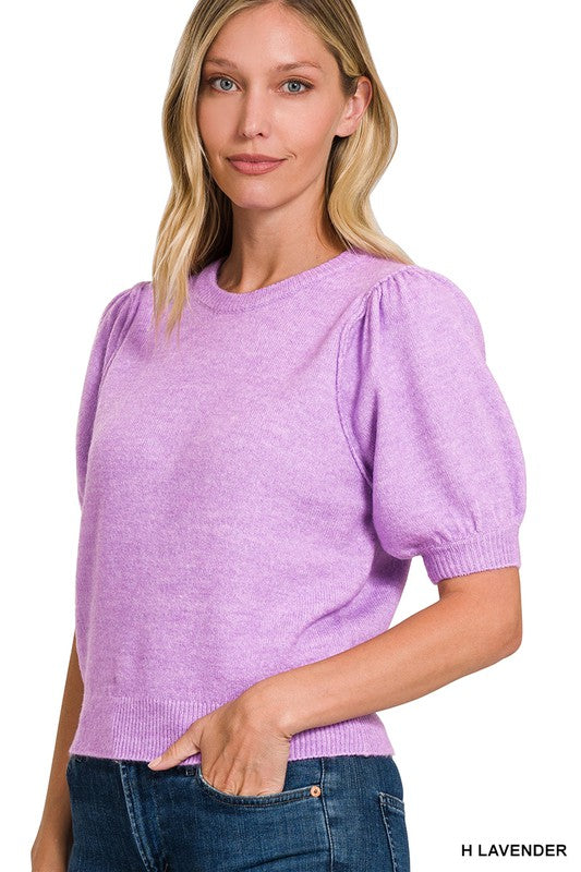 Womens melange puff sleeve short sleeve round neck sweater in lavendar