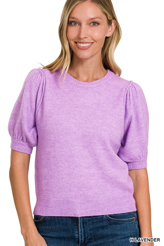 Womens melange puff sleeve short sleeve round neck sweater in lavendar