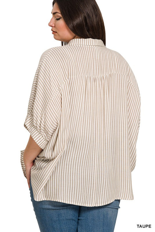 PLUS SIZE DOLMAN STRIPED BUTTON UP TOP IN TAUPE AND WHITE