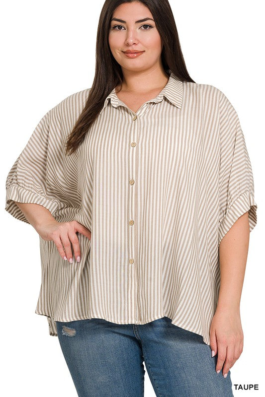 PLUS SIZE DOLMAN STRIPED BUTTON UP TOP IN TAUPE AND WHITE