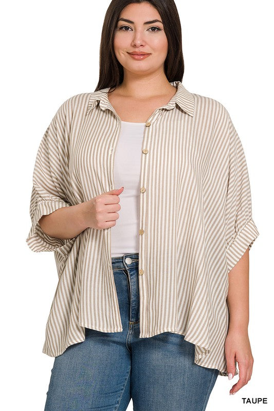 PLUS SIZE DOLMAN STRIPED BUTTON UP TOP IN TAUPE AND WHITE