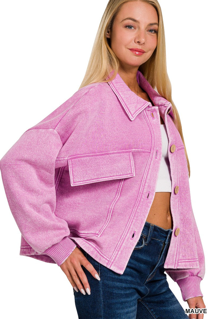 Women's Acid Wash Cropped Shacket in Mauve