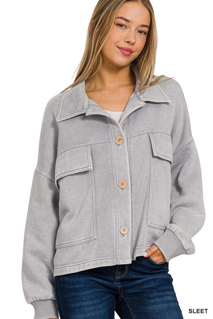 Women's Acid Wash Cropped Shacket in Sleet