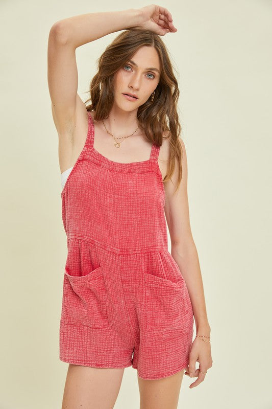 Plus Washed Gauze Overall Short Romper in Cherry