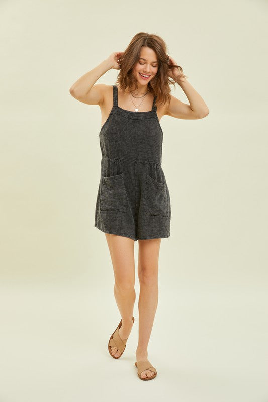 Plus Washed Gauze Overall Short Romper in Black