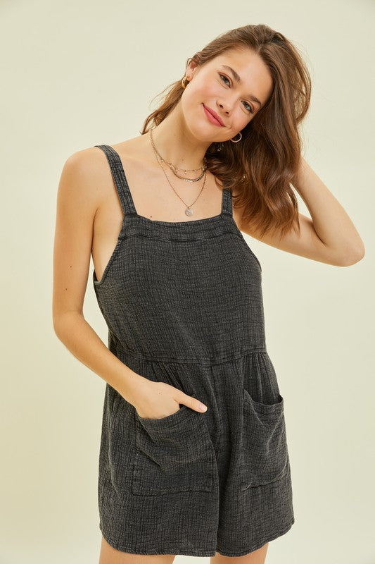 Plus Washed Gauze Overall Short Romper in Black