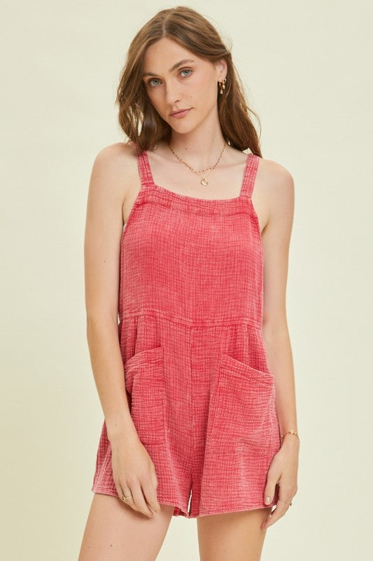 Plus Washed Gauze Overall Short Romper in Cherry