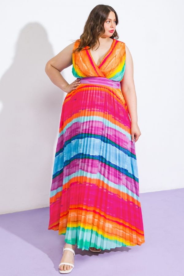 Flying Tomato Rainbow Sleeveless V-Neck Maxi Dress