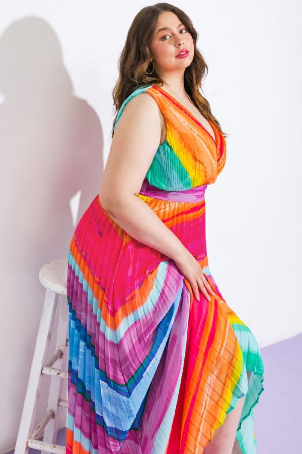 Flying Tomato Rainbow Sleeveless V-Neck Maxi Dress