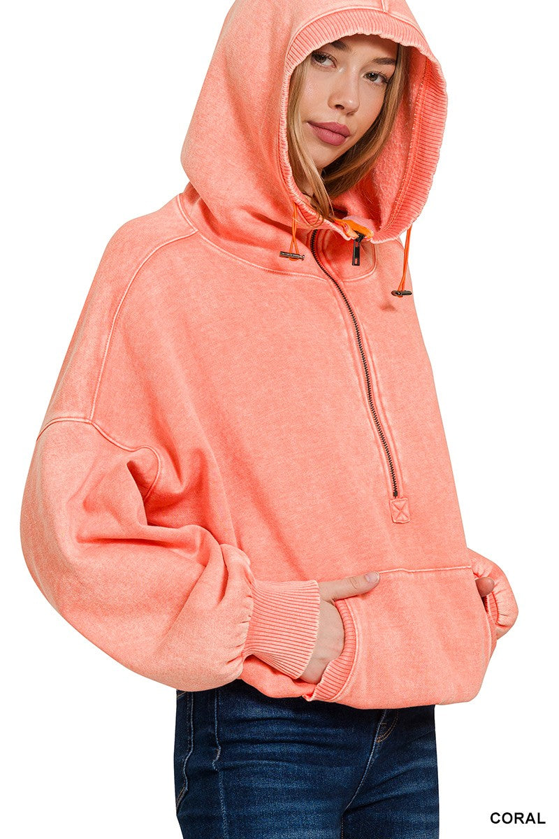 Women's Drawstring Hem Half Zip Hoodie in Coral