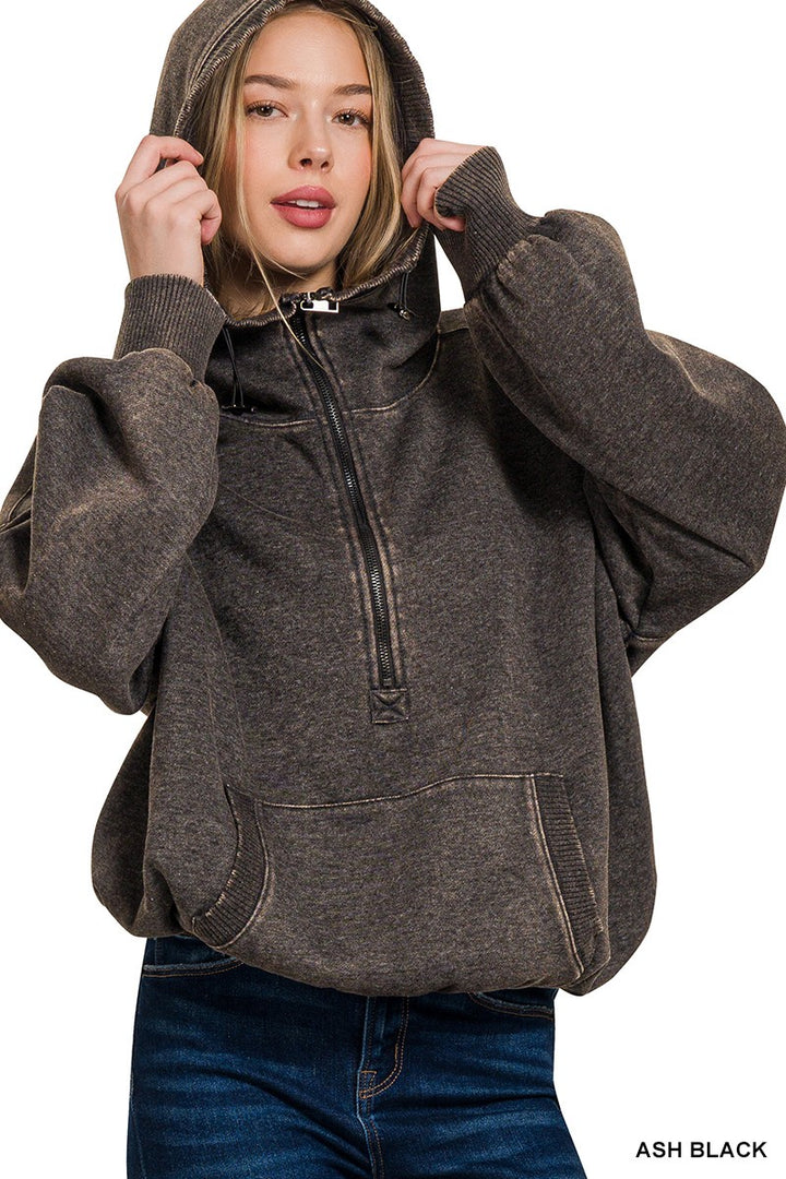 Women's Drawstring Hem Half Zip Hoodie in Ash Black