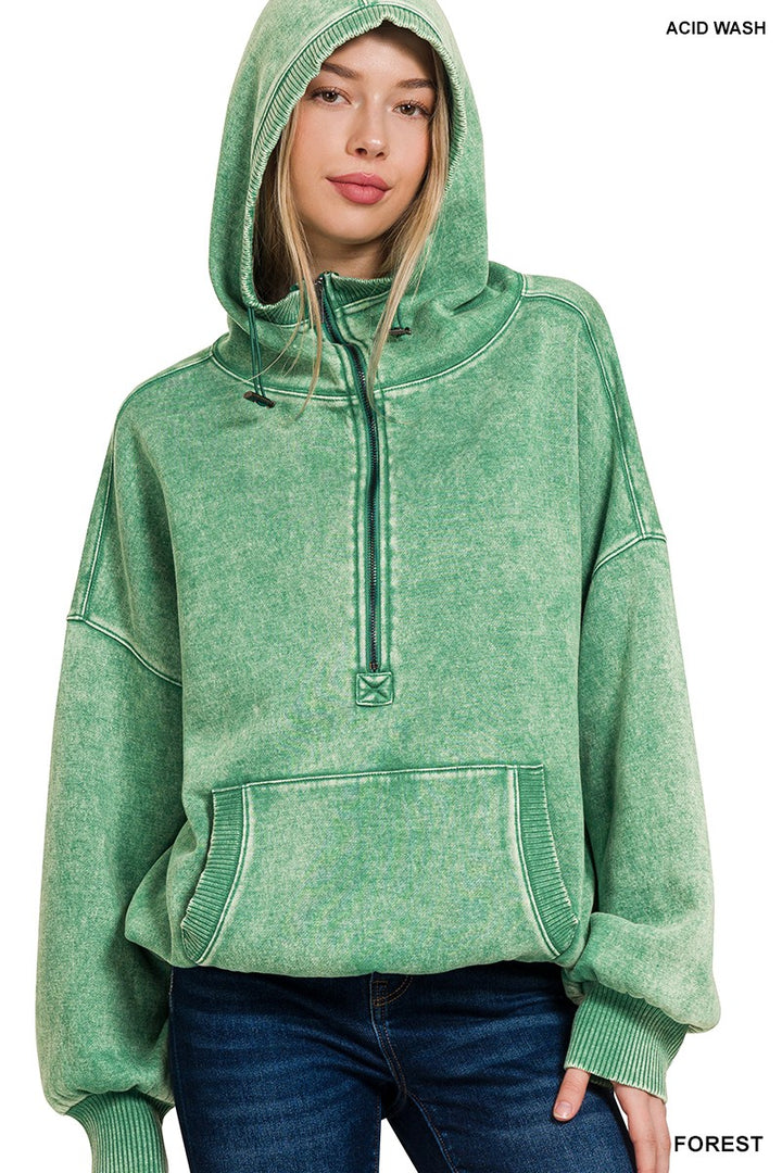 Women's Drawstring Hem Half Zip Hoodie in Forest