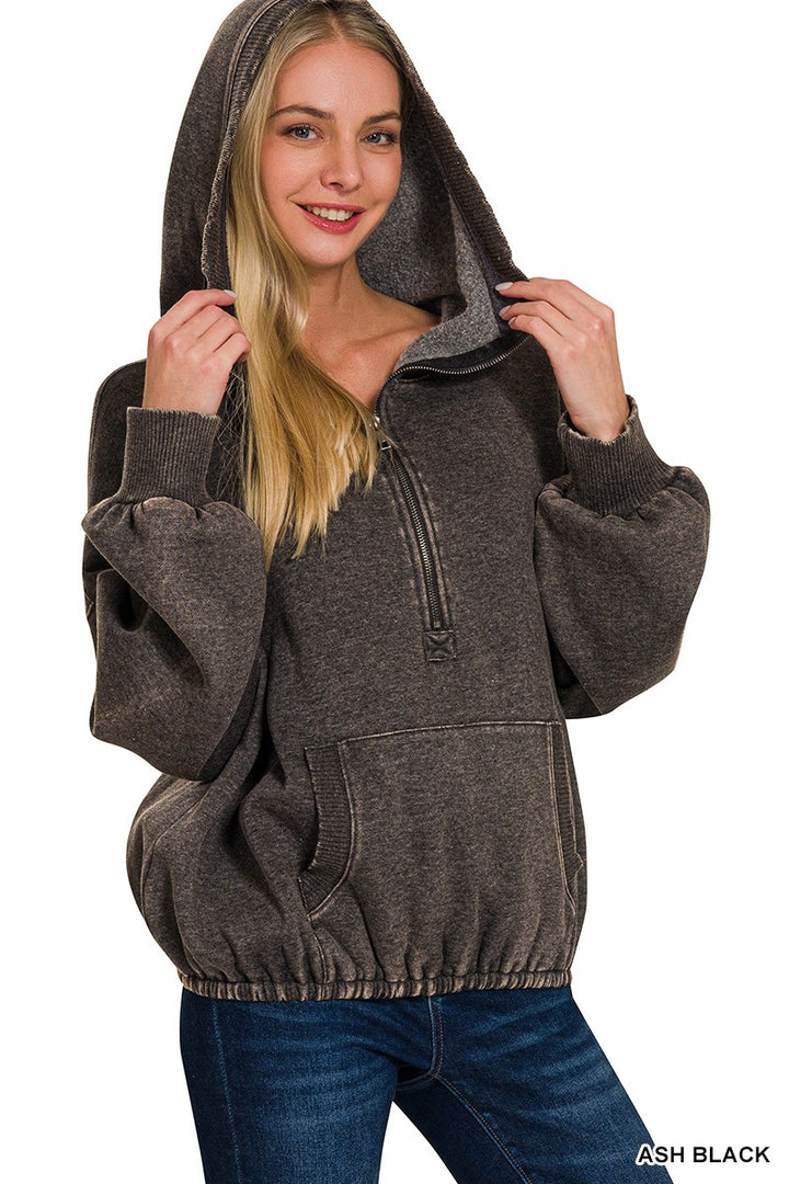 Women's Drawstring Hem Half Zip Hoodie in Ash Black