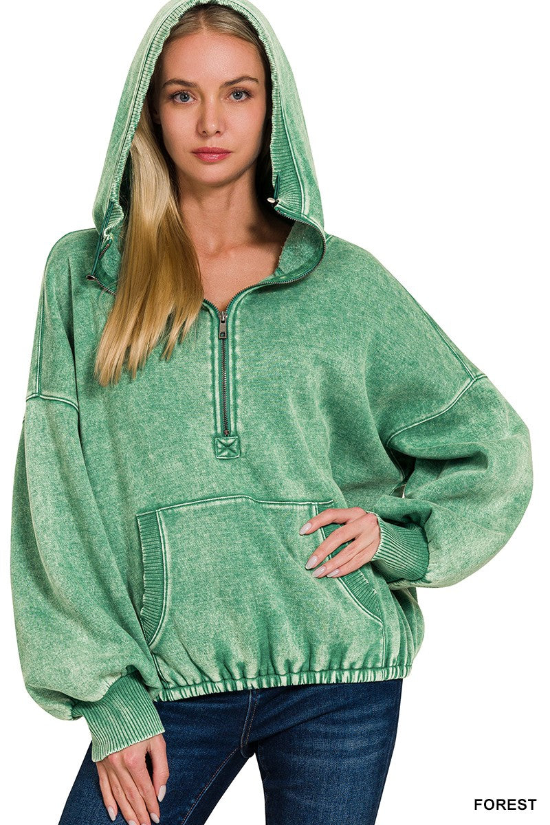 Women's Drawstring Hem Half Zip Hoodie in Forest