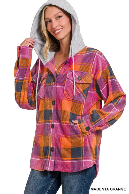 Plaid Fleece Shacket with Hood