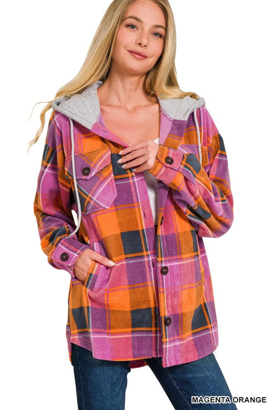 Plaid Fleece Shacket with Hood