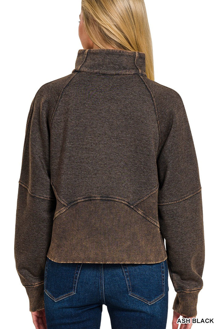 Women's Acid Wash Pullover with Kangaroo Pocket in Ash Black