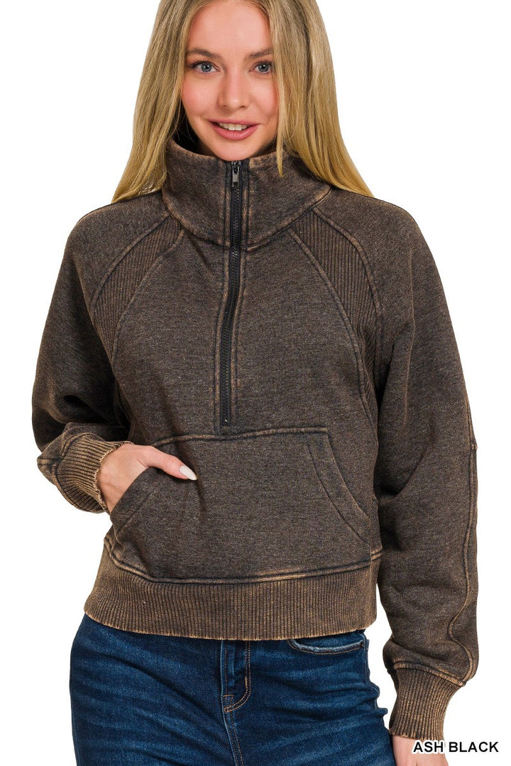 Women's Acid Wash Pullover with Kangaroo Pocket in Ash Black