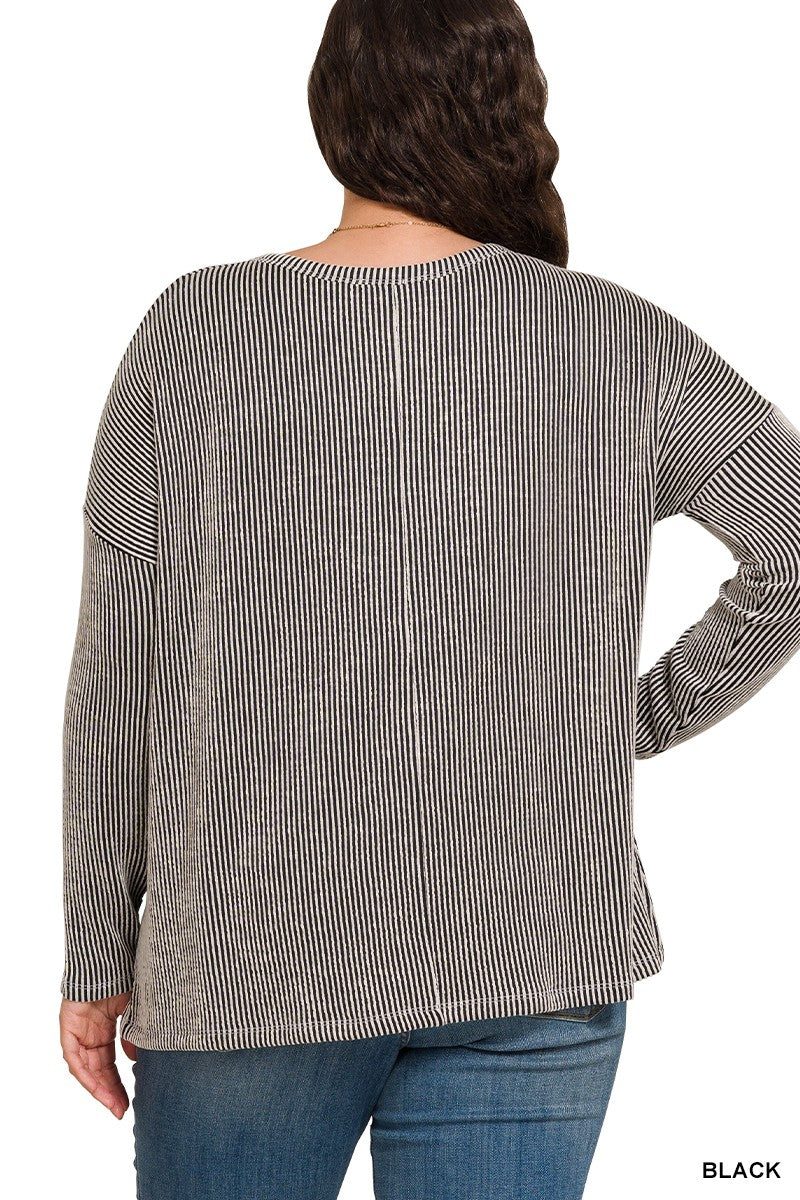 Womens PLUS RIBBED STRIPED OVERSIZED LONG SLEEVE TOP - Black