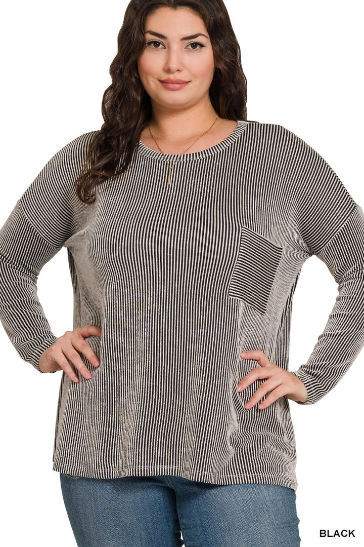 Womens PLUS RIBBED STRIPED OVERSIZED LONG SLEEVE TOP - Black