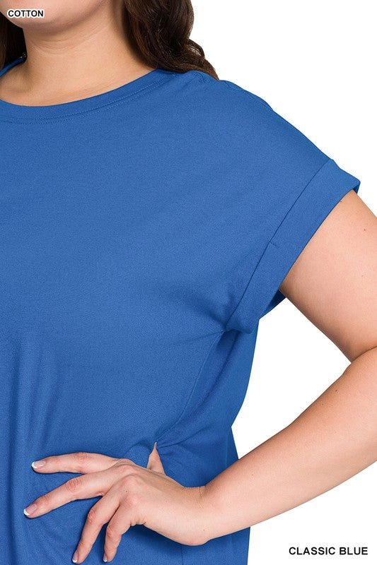 Plus Size round neck folded short sleeve t-shirt in classic blue