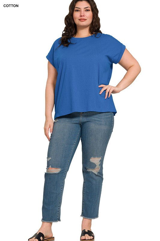 Plus Size round neck folded short sleeve t-shirt in classic blue