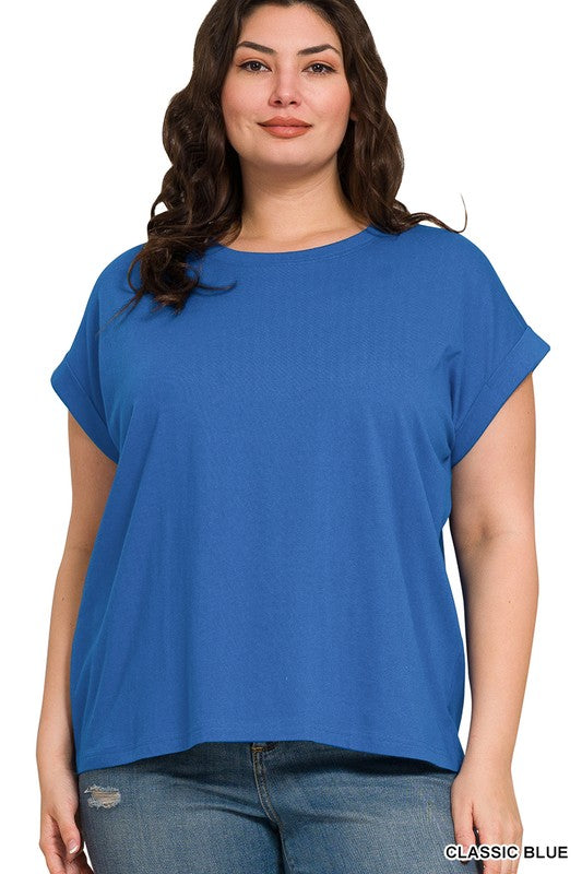 Plus Size round neck folded short sleeve t-shirt in classic blue