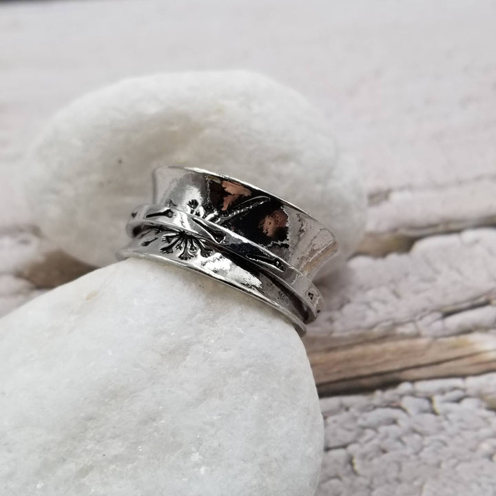 Carved Dandelion Fidget Ring in Silver