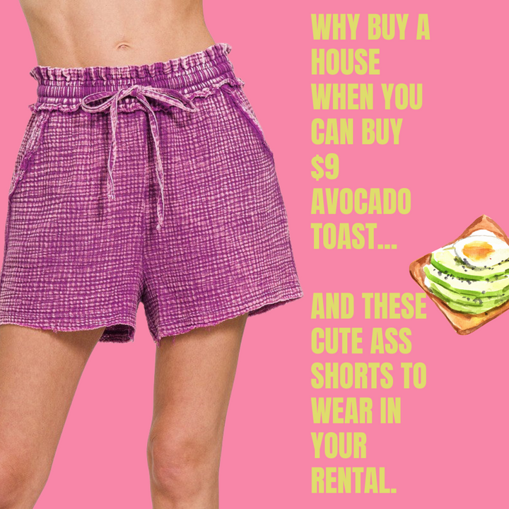 Millennial woman hands in pockets purple double gauze shorts