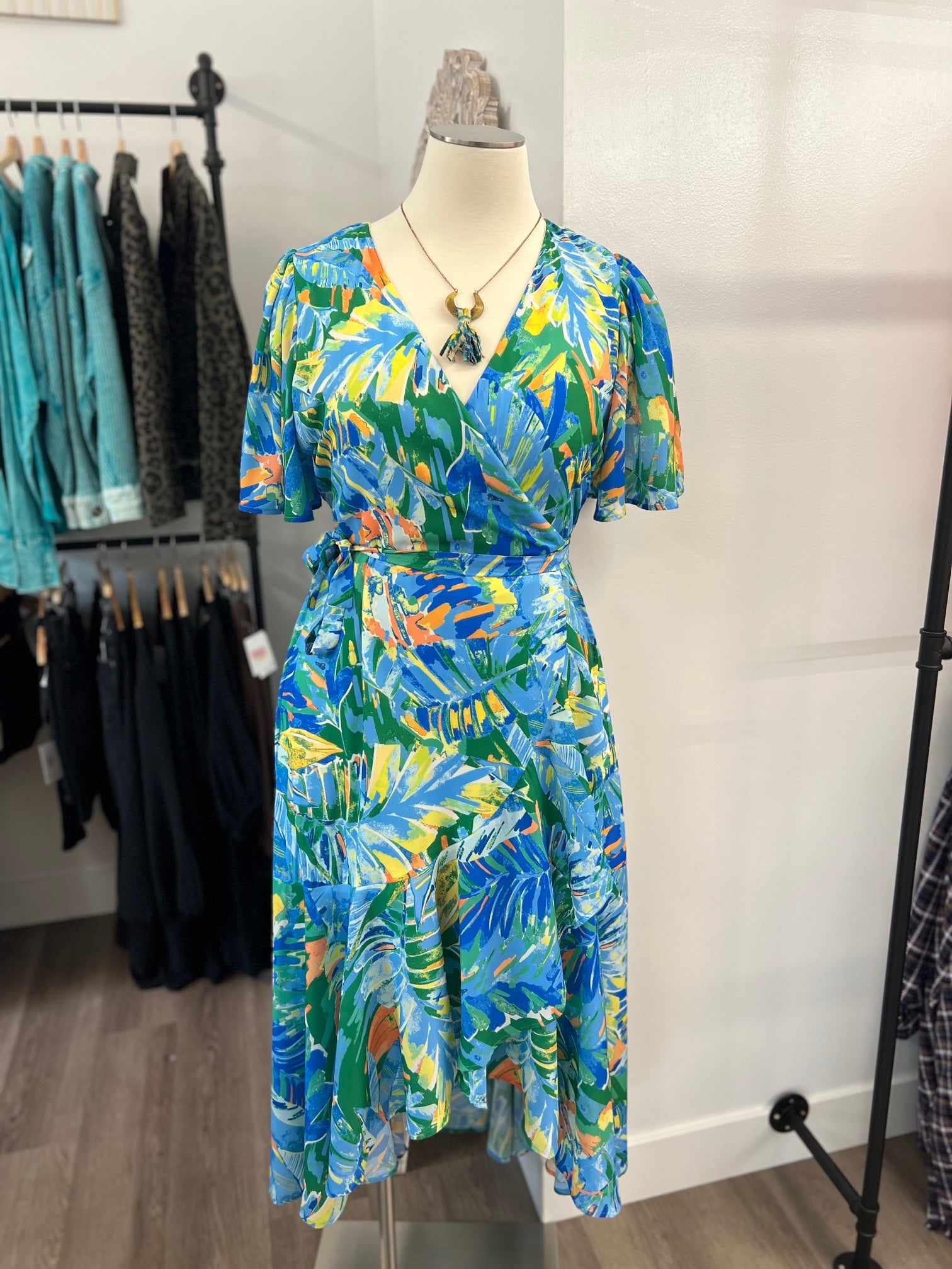 Flying Tomato Plus Size Short Sleeve Blue Green Tropical Wrap Maxi Dress