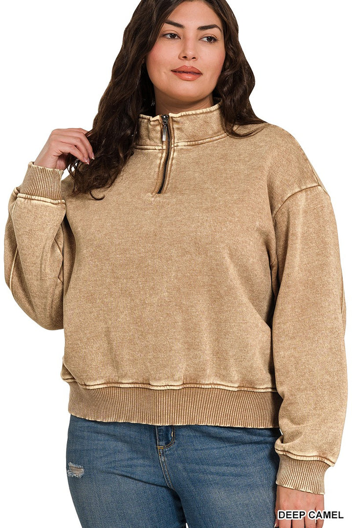 PLUS ACID WASH FLEECE HALF ZIP PULLOVER -Deep Camel