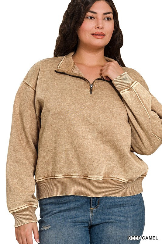 PLUS ACID WASH FLEECE HALF ZIP PULLOVER -Deep Camel