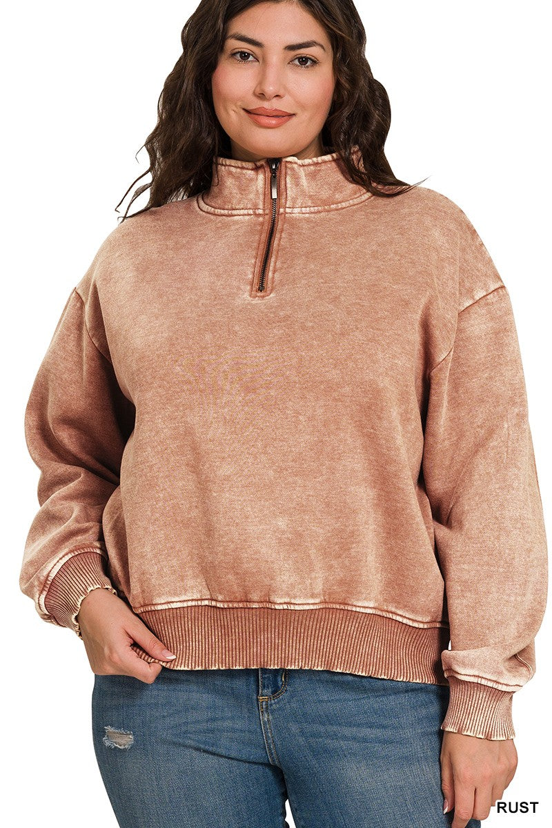 PLUS ACID WASH FLEECE HALF ZIP PULLOVER -Rust