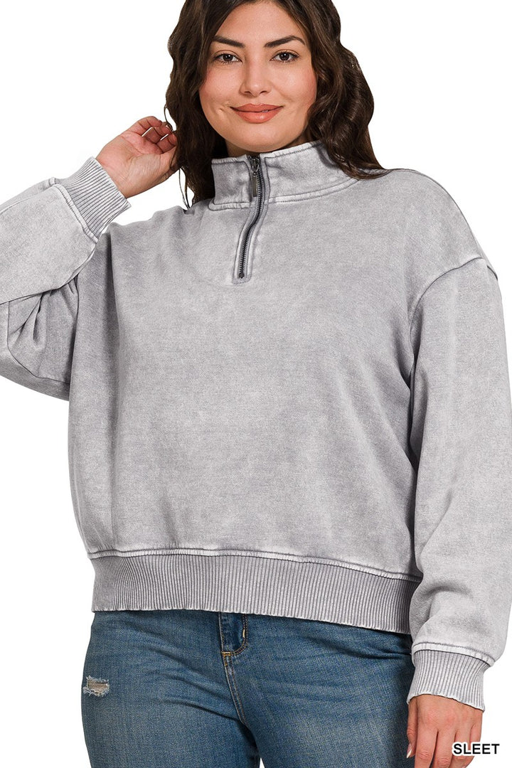 PLUS ACID WASH FLEECE HALF ZIP PULLOVER -Sleet