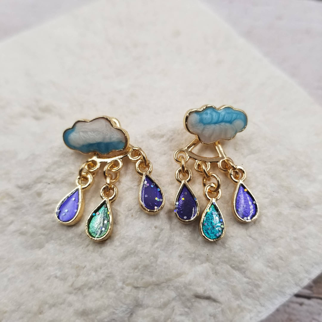 Rain Cloud Earrings with Green Droplet