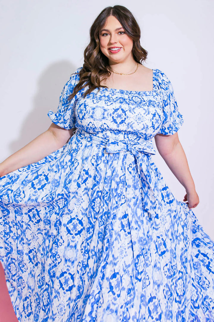 Plus Size Flying Tomato Dress- White and Blue Puff Sleeve Dress