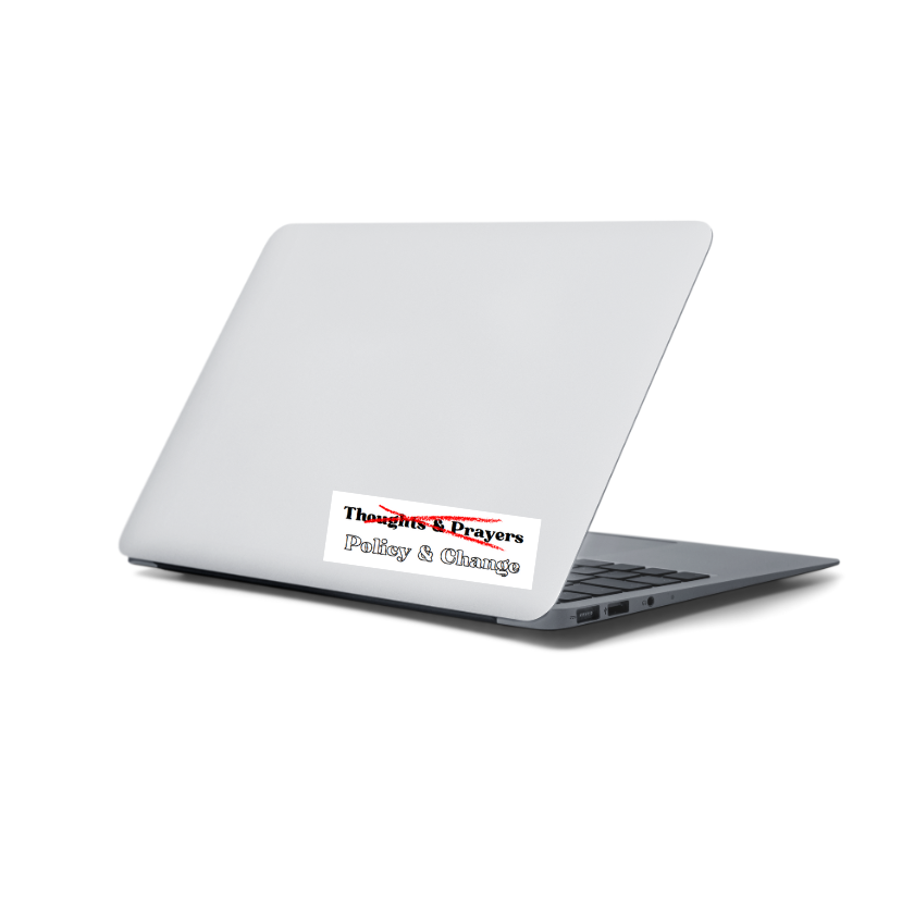 photo of a laptop with thoughts and prayer sticker on the right corner of the cover