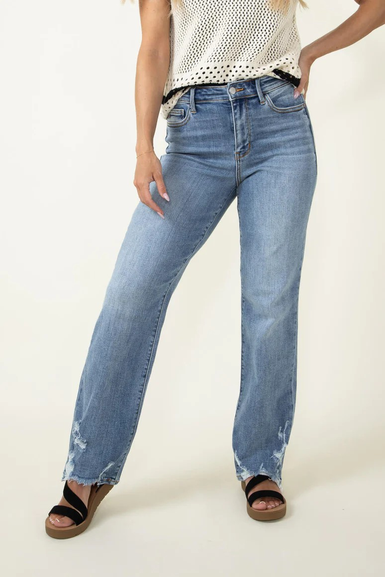 Women's Judy Blue High Waist Straight Jeans with Cuff Distress Light Wash JB82470